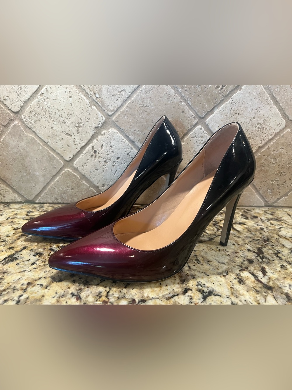 Elegant Women's Two-Tone Patent Pumps - Burgundy and Black Ombré